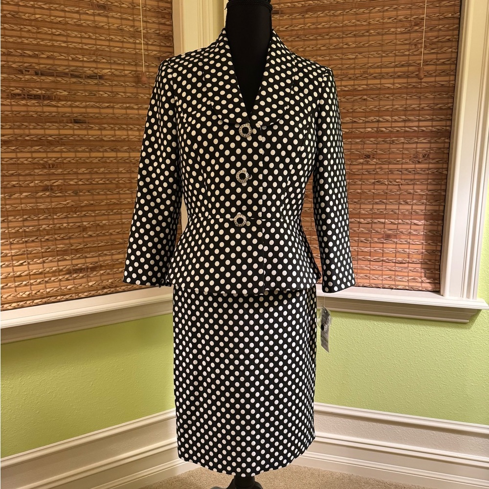Albert Nipon Black and White Polka Dot Pencil Skirt Suit